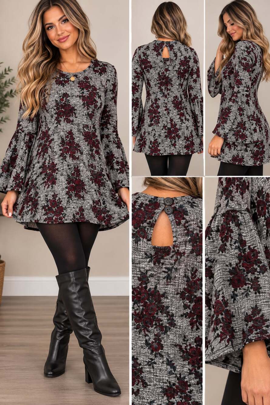 Love, Fire Floral Dress Size L Gray Burgundy Long Sleeve Bell Sleeve